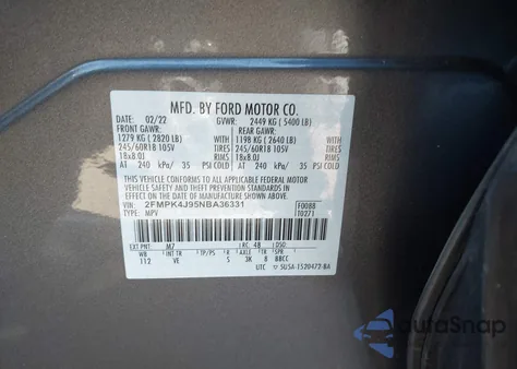 2022 Ford Edge Sel из США, поврежденный, VIN 2FMPK4J95NBA36331